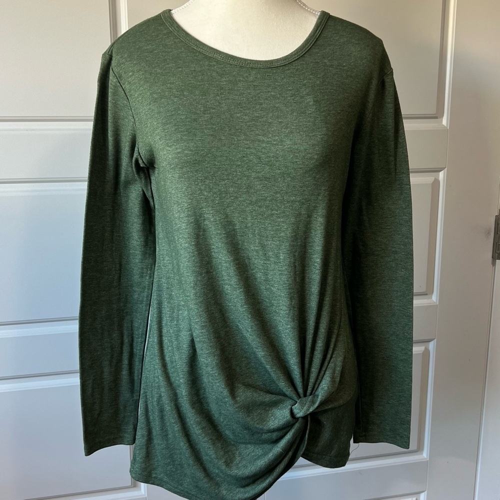 Long Sleeve Tunic Top Twist Knot Front Olive Green Cozy Loungewear Oversized XS